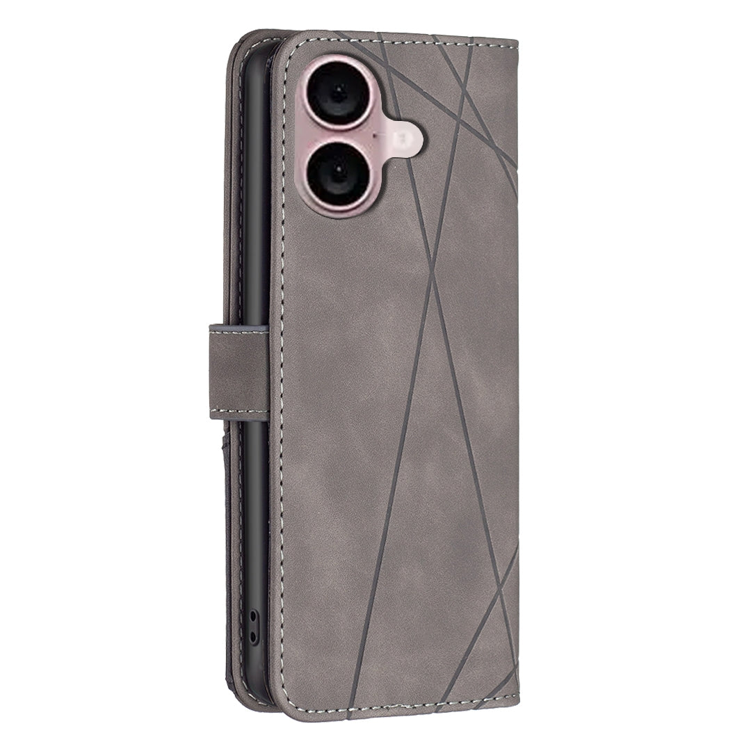 iPhone 16 Wallet Case – Rhombus Texture PU Leather, Magnetic Buckle, Card Slots, Stand Function, Shockproof Protective Cover