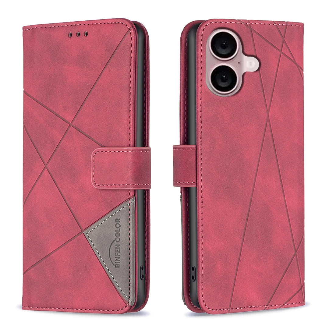 iPhone 16 Plus Wallet Case – Rhombus Texture PU Leather, Magnetic Buckle, Card Slots, Stand Function, Shockproof Protective Cover