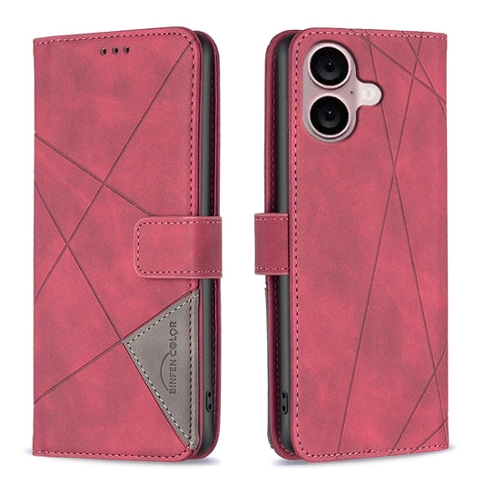 iPhone 16 Plus Wallet Case – Rhombus Texture PU Leather, Magnetic Buckle, Card Slots, Stand Function, Shockproof Protective Cover
