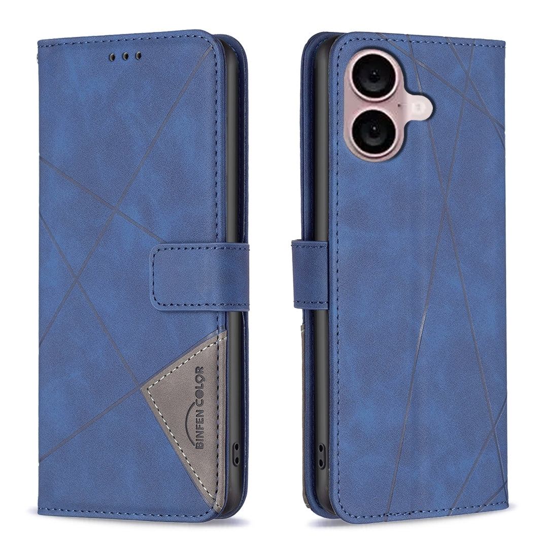 iPhone 16 Plus Wallet Case – Rhombus Texture PU Leather, Magnetic Buckle, Card Slots, Stand Function, Shockproof Protective Cover