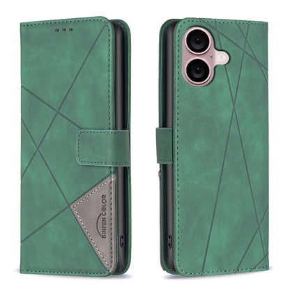 iPhone 16 Plus Wallet Case – Rhombus Texture PU Leather, Magnetic Buckle, Card Slots, Stand Function, Shockproof Protective Cover
