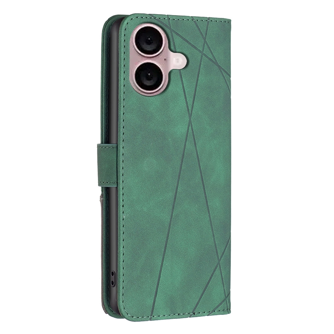iPhone 16 Plus Wallet Case – Rhombus Texture PU Leather, Magnetic Buckle, Card Slots, Stand Function, Shockproof Protective Cover