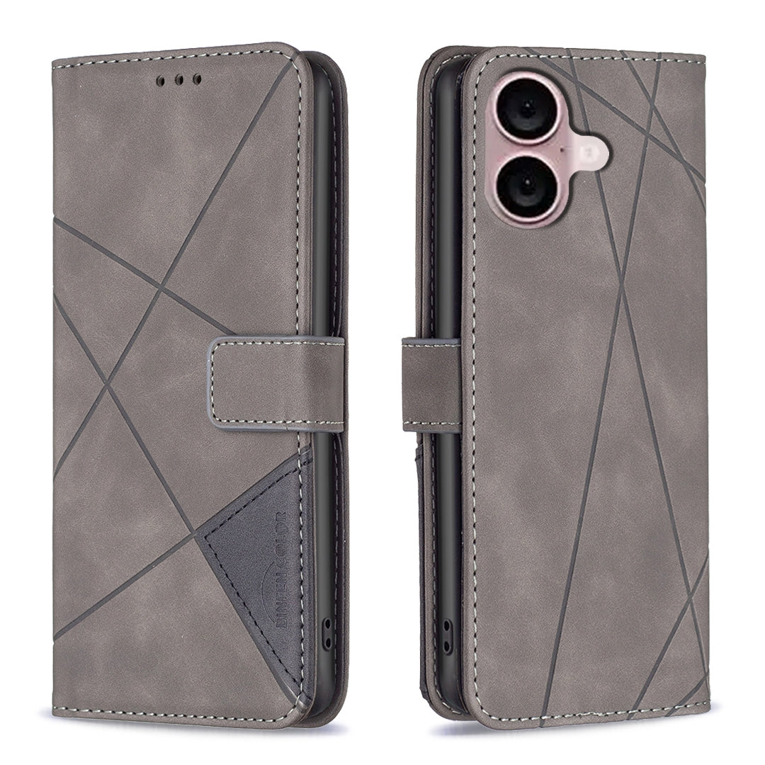 iPhone 16 Plus Wallet Case – Rhombus Texture PU Leather, Magnetic Buckle, Card Slots, Stand Function, Shockproof Protective Cover