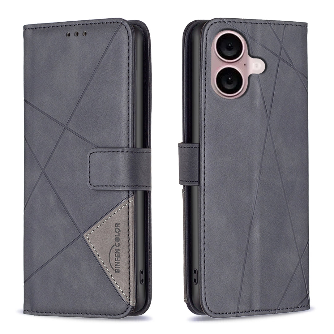 iPhone 16 Plus Wallet Case – Rhombus Texture PU Leather, Magnetic Buckle, Card Slots, Stand Function, Shockproof Protective Cover