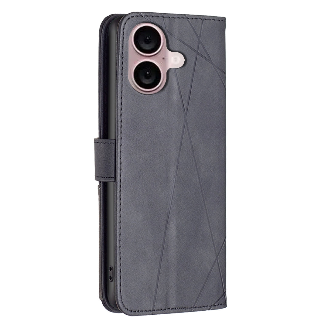 iPhone 16 Plus Wallet Case – Rhombus Texture PU Leather, Magnetic Buckle, Card Slots, Stand Function, Shockproof Protective Cover