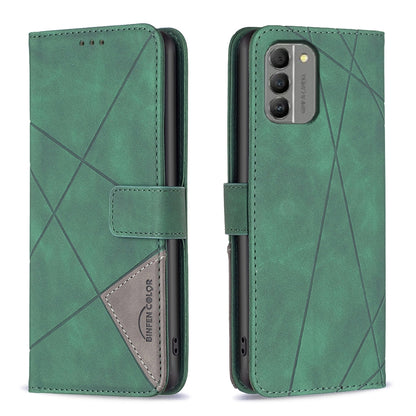 Nokia G310 Wallet Case – Rhombus Texture PU Leather, Magnetic Buckle, Card Slots, Stand Function, Shockproof Protective Cover