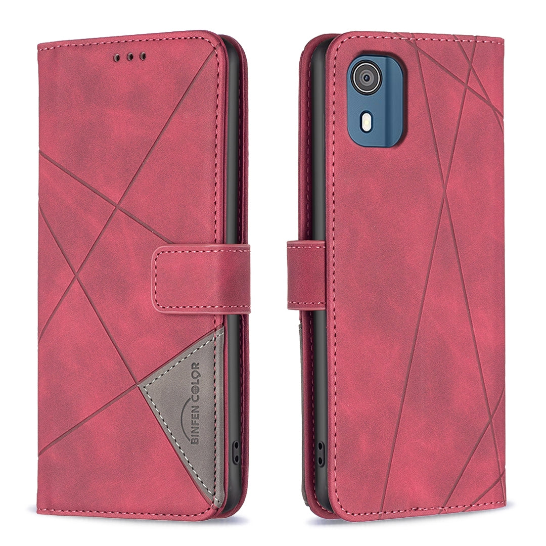 Nokia C02 Wallet Case – Rhombus Texture PU Leather, Magnetic Buckle, Card Slots, Stand Function, Shockproof Protective Cover