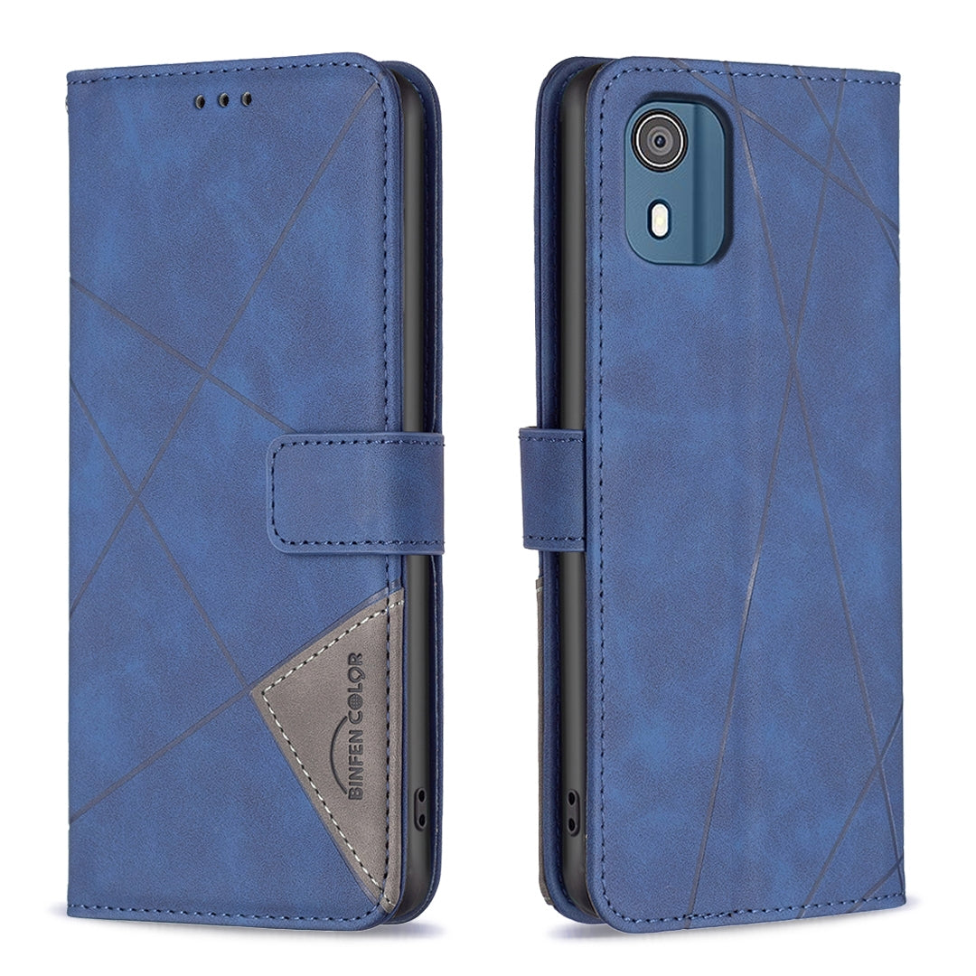 Nokia C02 Wallet Case – Rhombus Texture PU Leather, Magnetic Buckle, Card Slots, Stand Function, Shockproof Protective Cover