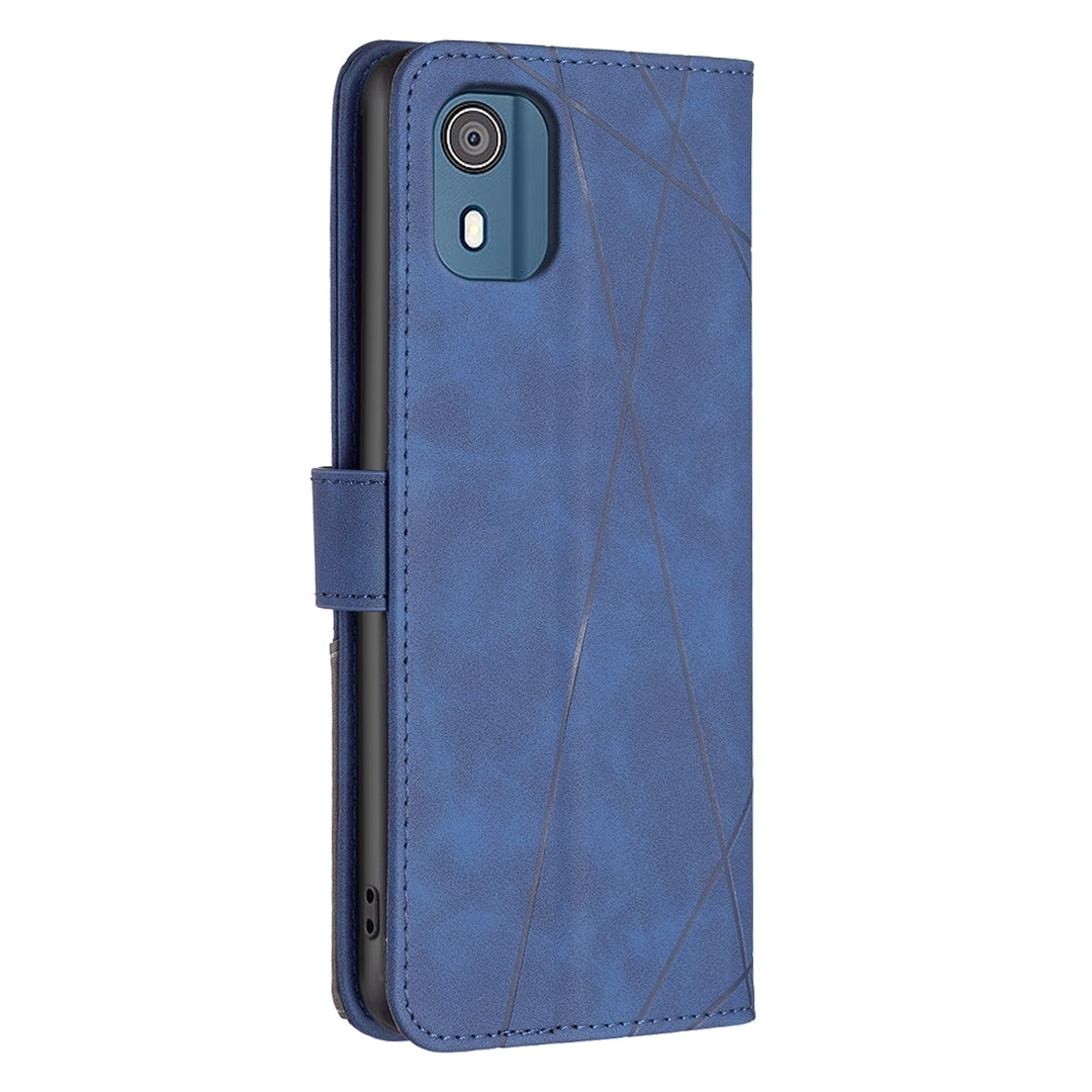 Nokia C02 Wallet Case – Rhombus Texture PU Leather, Magnetic Buckle, Card Slots, Stand Function, Shockproof Protective Cover