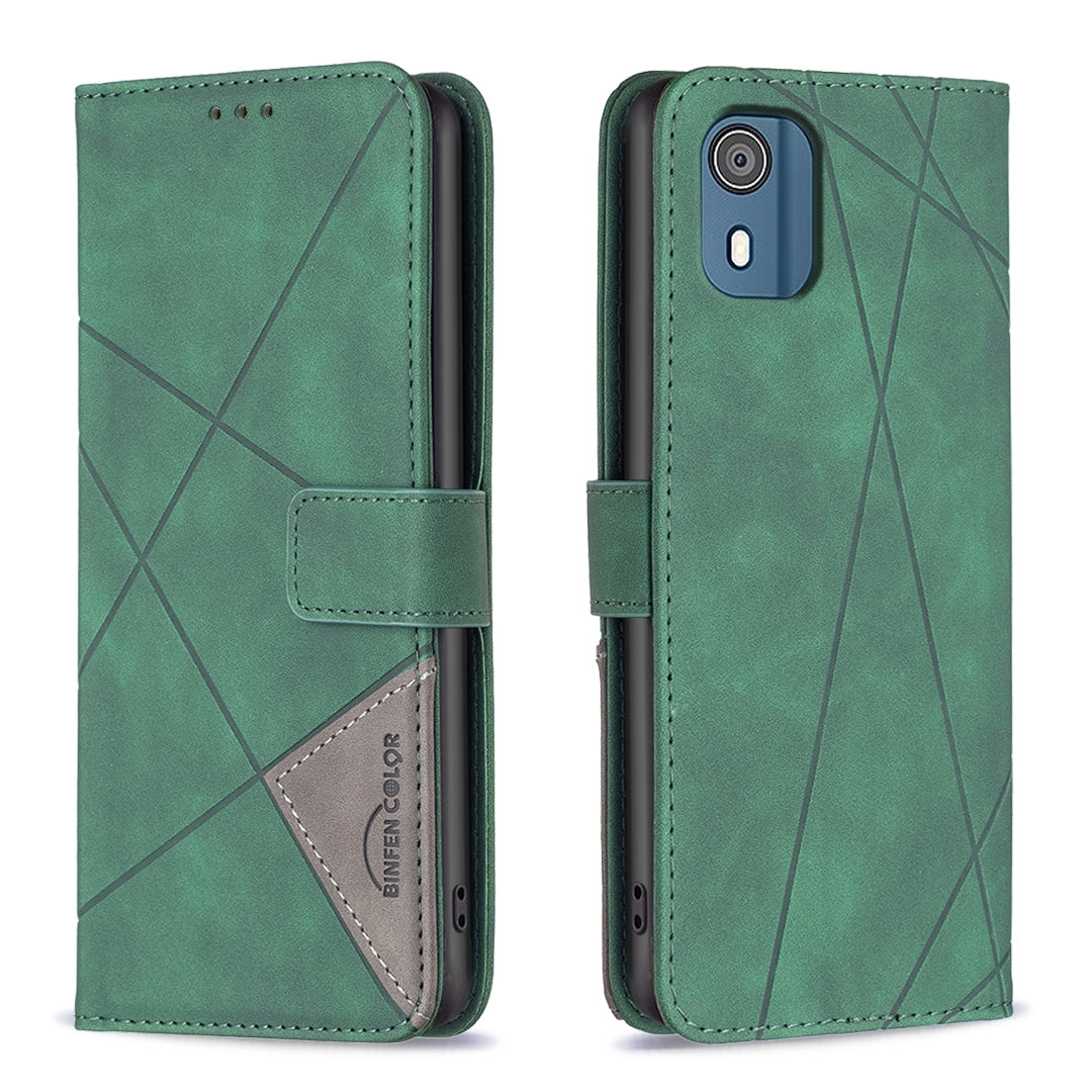 Nokia C02 Wallet Case – Rhombus Texture PU Leather, Magnetic Buckle, Card Slots, Stand Function, Shockproof Protective Cover