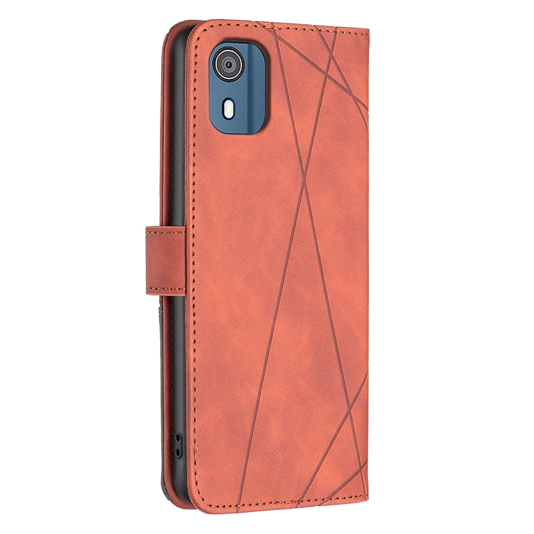 Nokia C02 Wallet Case – Rhombus Texture PU Leather, Magnetic Buckle, Card Slots, Stand Function, Shockproof Protective Cover