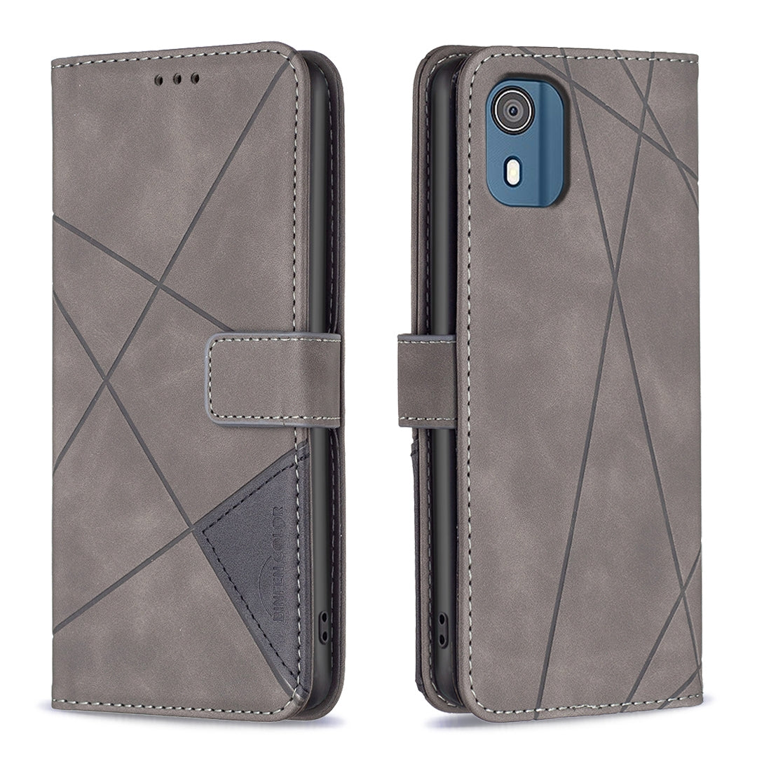 Nokia C02 Wallet Case – Rhombus Texture PU Leather, Magnetic Buckle, Card Slots, Stand Function, Shockproof Protective Cover