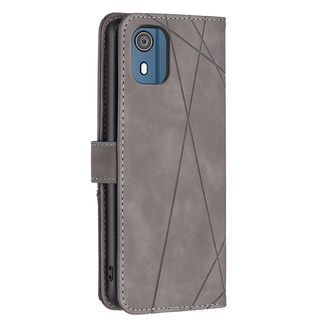 Nokia C02 Wallet Case – Rhombus Texture PU Leather, Magnetic Buckle, Card Slots, Stand Function, Shockproof Protective Cover