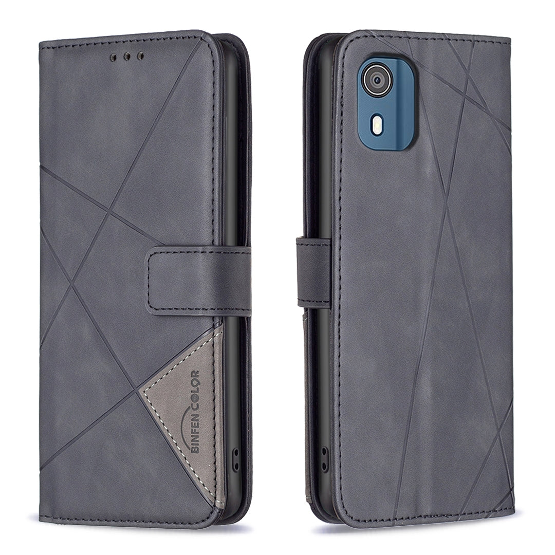 Nokia C02 Wallet Case – Rhombus Texture PU Leather, Magnetic Buckle, Card Slots, Stand Function, Shockproof Protective Cover