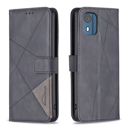 Nokia C02 Wallet Case – Rhombus Texture PU Leather, Magnetic Buckle, Card Slots, Stand Function, Shockproof Protective Cover