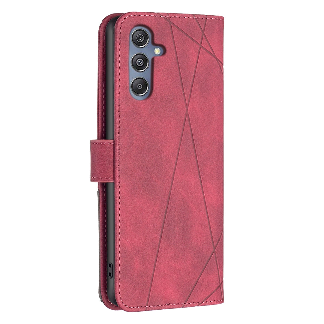 Samsung Galaxy M34 5G Wallet Case – Rhombus Texture PU Leather, Magnetic Buckle, Card Slots, Stand Function, Shockproof Protective Cover