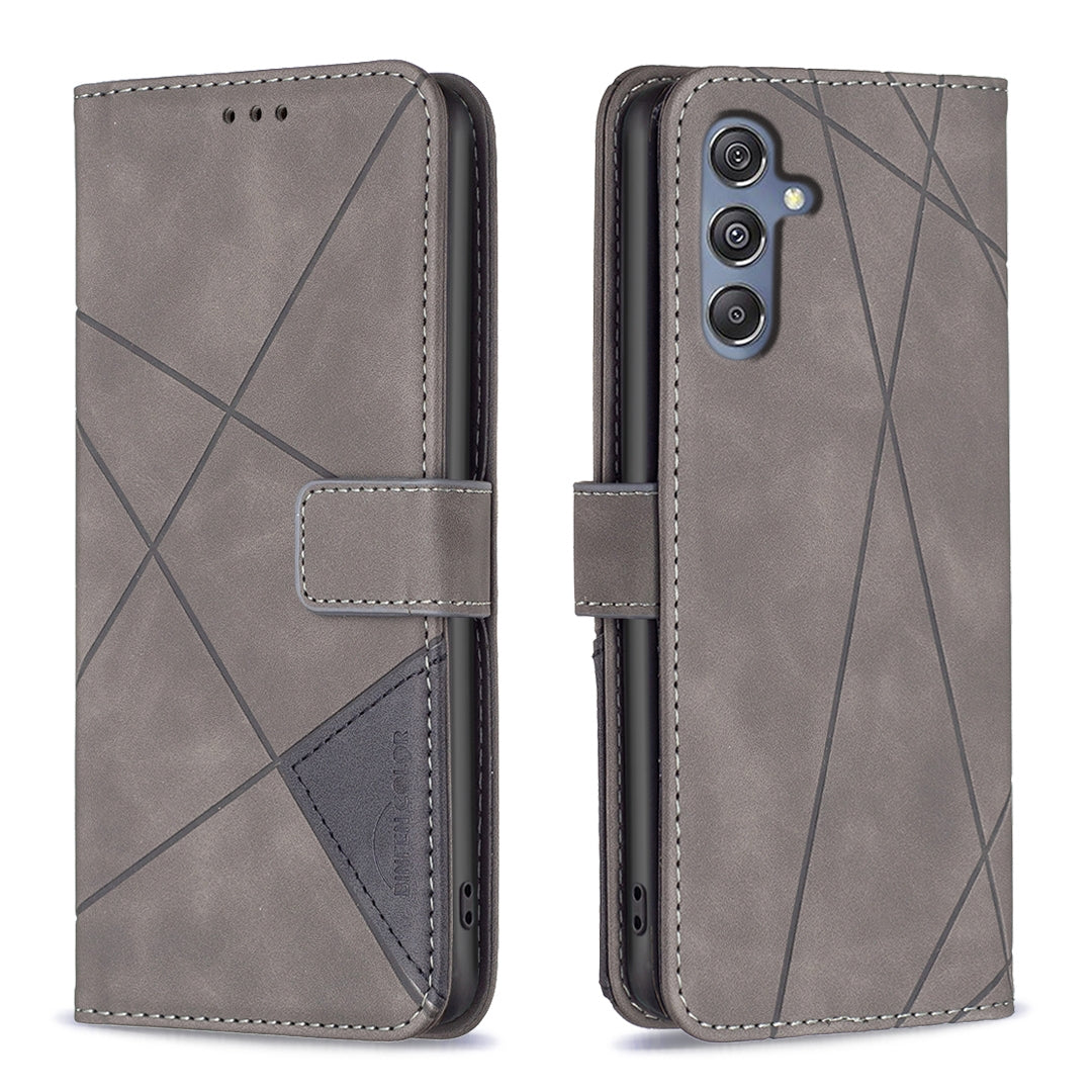 Samsung Galaxy M34 5G Wallet Case – Rhombus Texture PU Leather, Magnetic Buckle, Card Slots, Stand Function, Shockproof Protective Cover