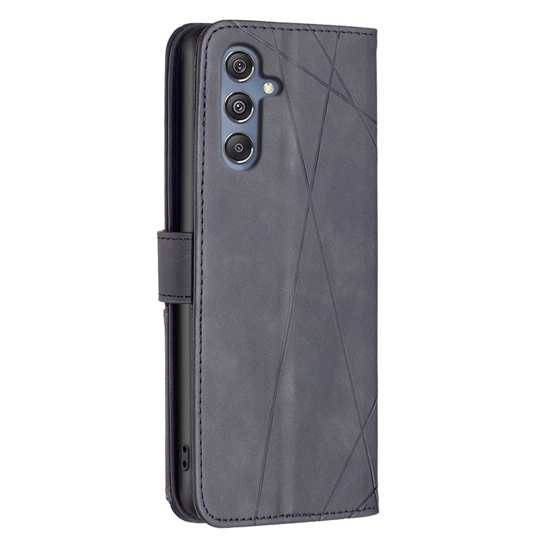 Samsung Galaxy M34 5G Wallet Case – Rhombus Texture PU Leather, Magnetic Buckle, Card Slots, Stand Function, Shockproof Protective Cover