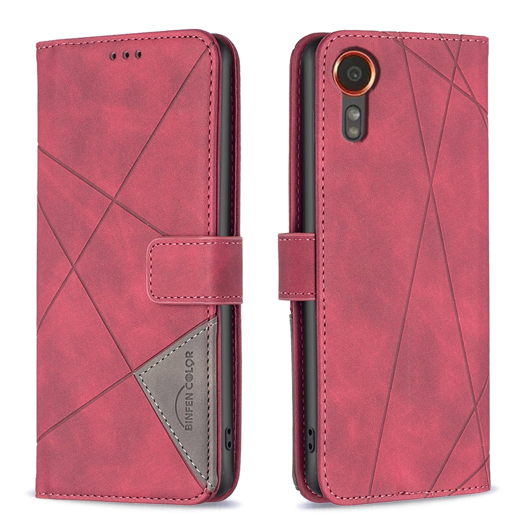 Samsung Galaxy Xcover 7 Wallet Case – Rhombus Texture PU Leather, Magnetic Buckle, Card Slots, Stand Function, Shockproof Protective Cover