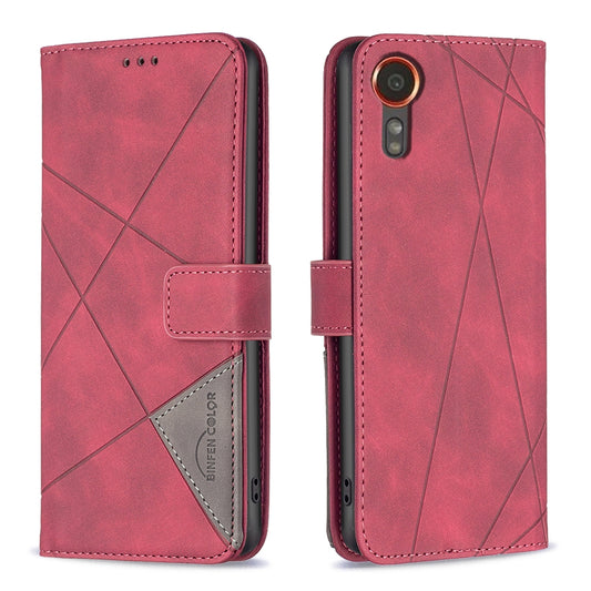 Samsung Galaxy Xcover 7 Wallet Case – Rhombus Texture PU Leather, Magnetic Buckle, Card Slots, Stand Function, Shockproof Protective Cover