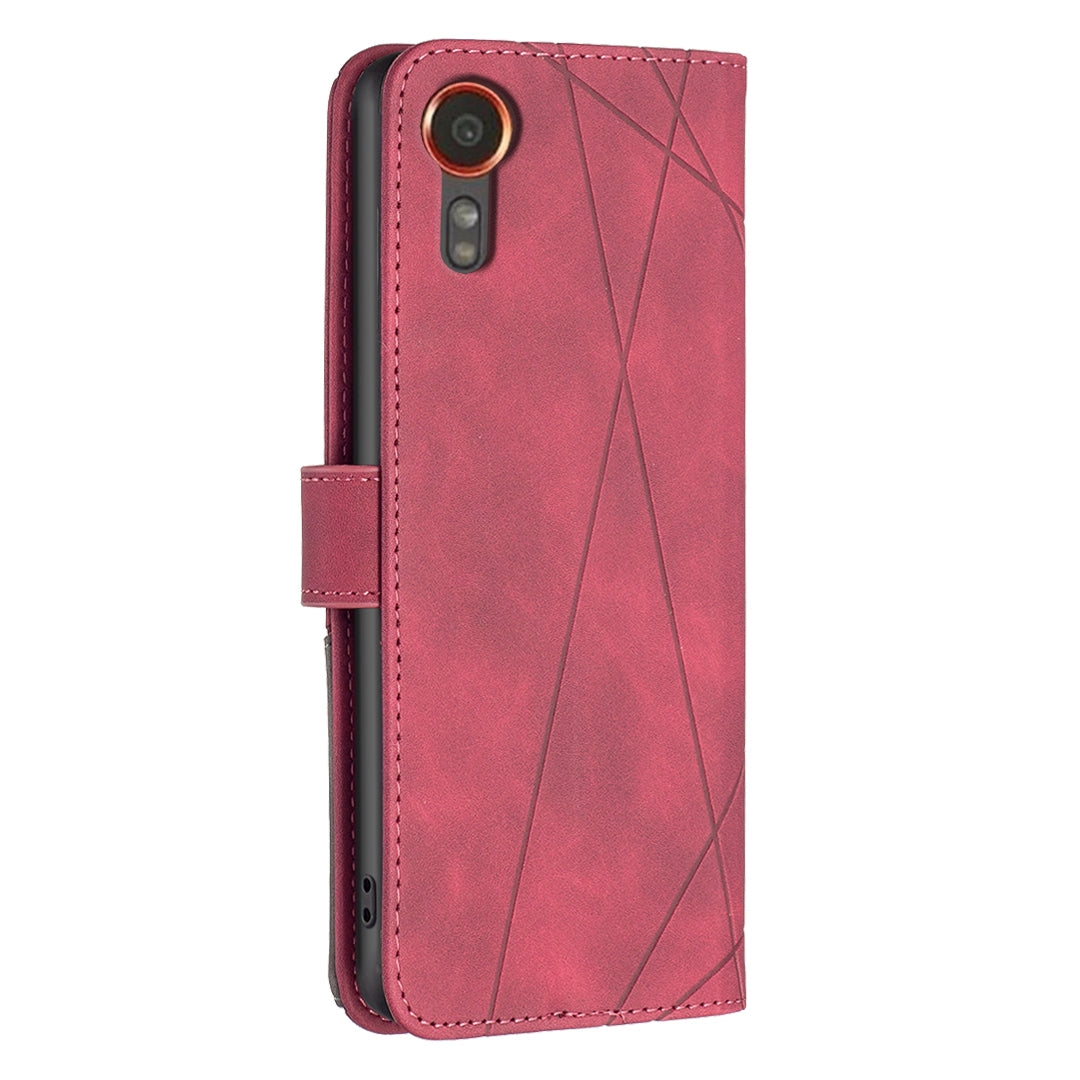 Samsung Galaxy Xcover 7 Wallet Case – Rhombus Texture PU Leather, Magnetic Buckle, Card Slots, Stand Function, Shockproof Protective Cover