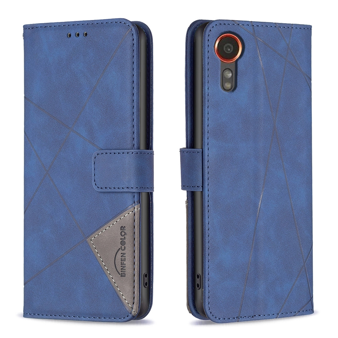 Samsung Galaxy Xcover 7 Wallet Case – Rhombus Texture PU Leather, Magnetic Buckle, Card Slots, Stand Function, Shockproof Protective Cover