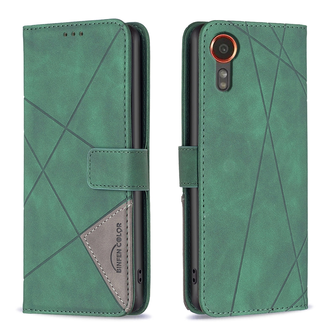 Samsung Galaxy Xcover 7 Wallet Case – Rhombus Texture PU Leather, Magnetic Buckle, Card Slots, Stand Function, Shockproof Protective Cover