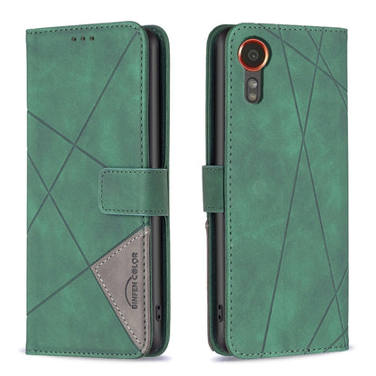 Samsung Galaxy Xcover 7 Wallet Case – Rhombus Texture PU Leather, Magnetic Buckle, Card Slots, Stand Function, Shockproof Protective Cover