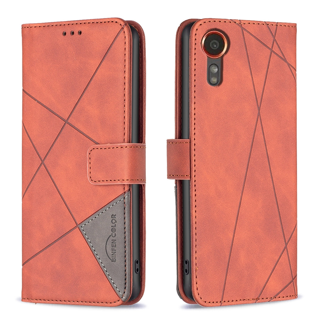 Samsung Galaxy Xcover 7 Wallet Case – Rhombus Texture PU Leather, Magnetic Buckle, Card Slots, Stand Function, Shockproof Protective Cover