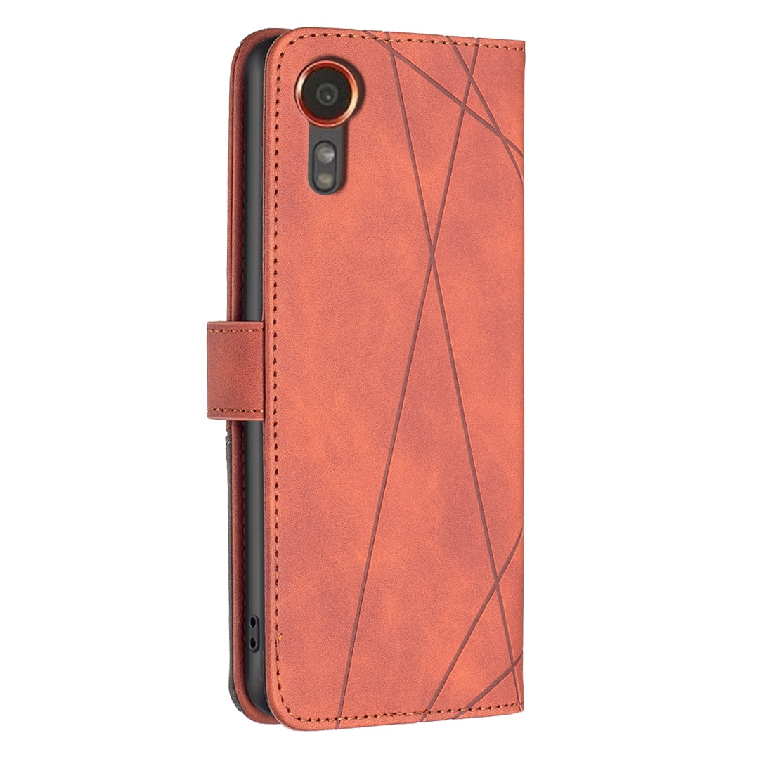 Samsung Galaxy Xcover 7 Wallet Case – Rhombus Texture PU Leather, Magnetic Buckle, Card Slots, Stand Function, Shockproof Protective Cover