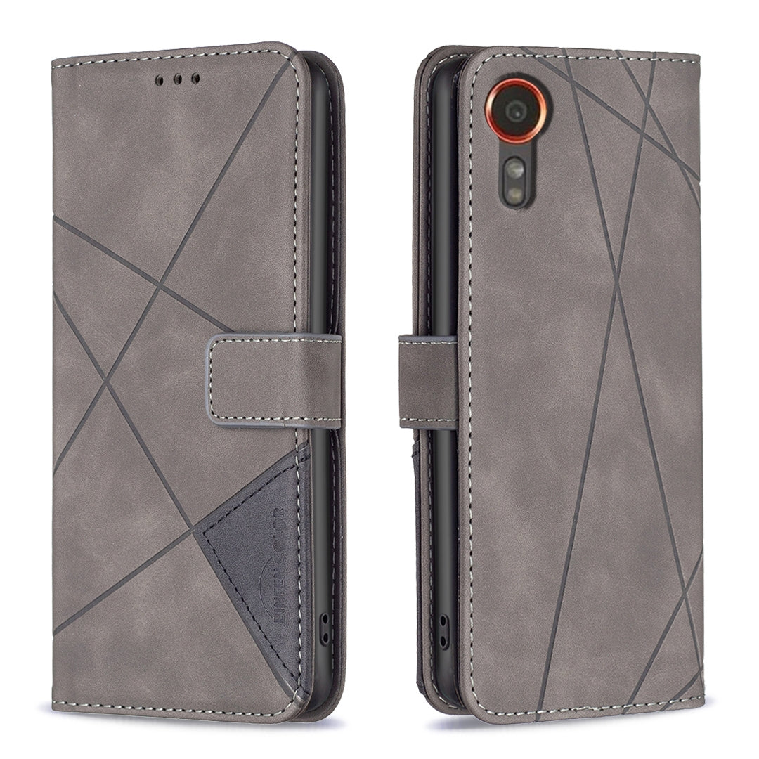 Samsung Galaxy Xcover 7 Wallet Case – Rhombus Texture PU Leather, Magnetic Buckle, Card Slots, Stand Function, Shockproof Protective Cover