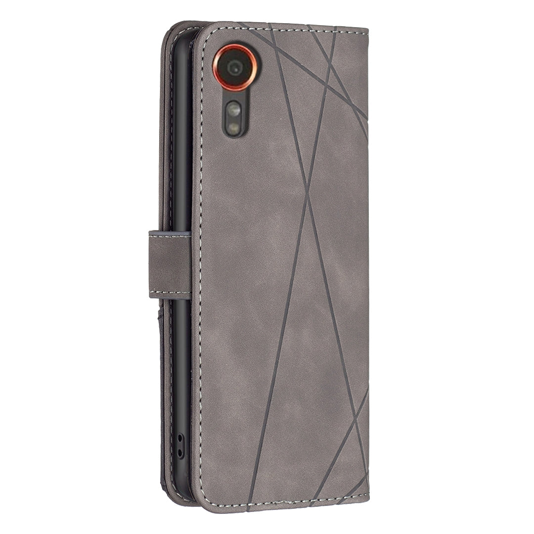 Samsung Galaxy Xcover 7 Wallet Case – Rhombus Texture PU Leather, Magnetic Buckle, Card Slots, Stand Function, Shockproof Protective Cover