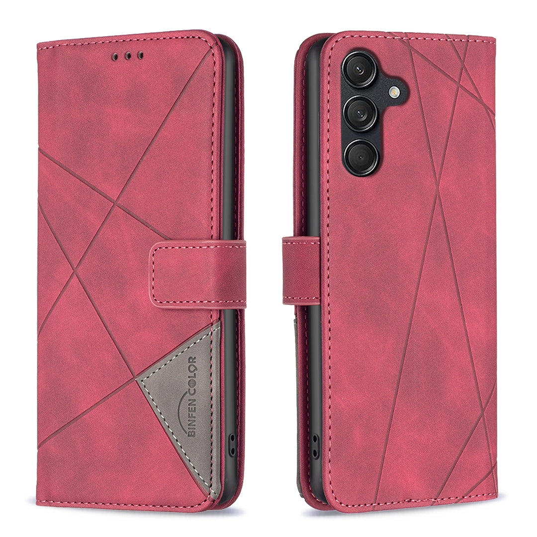 Samsung Galaxy M55 Wallet Case – Rhombus Texture PU Leather, Magnetic Buckle, Card Slots, Stand Function, Shockproof Protective Cover