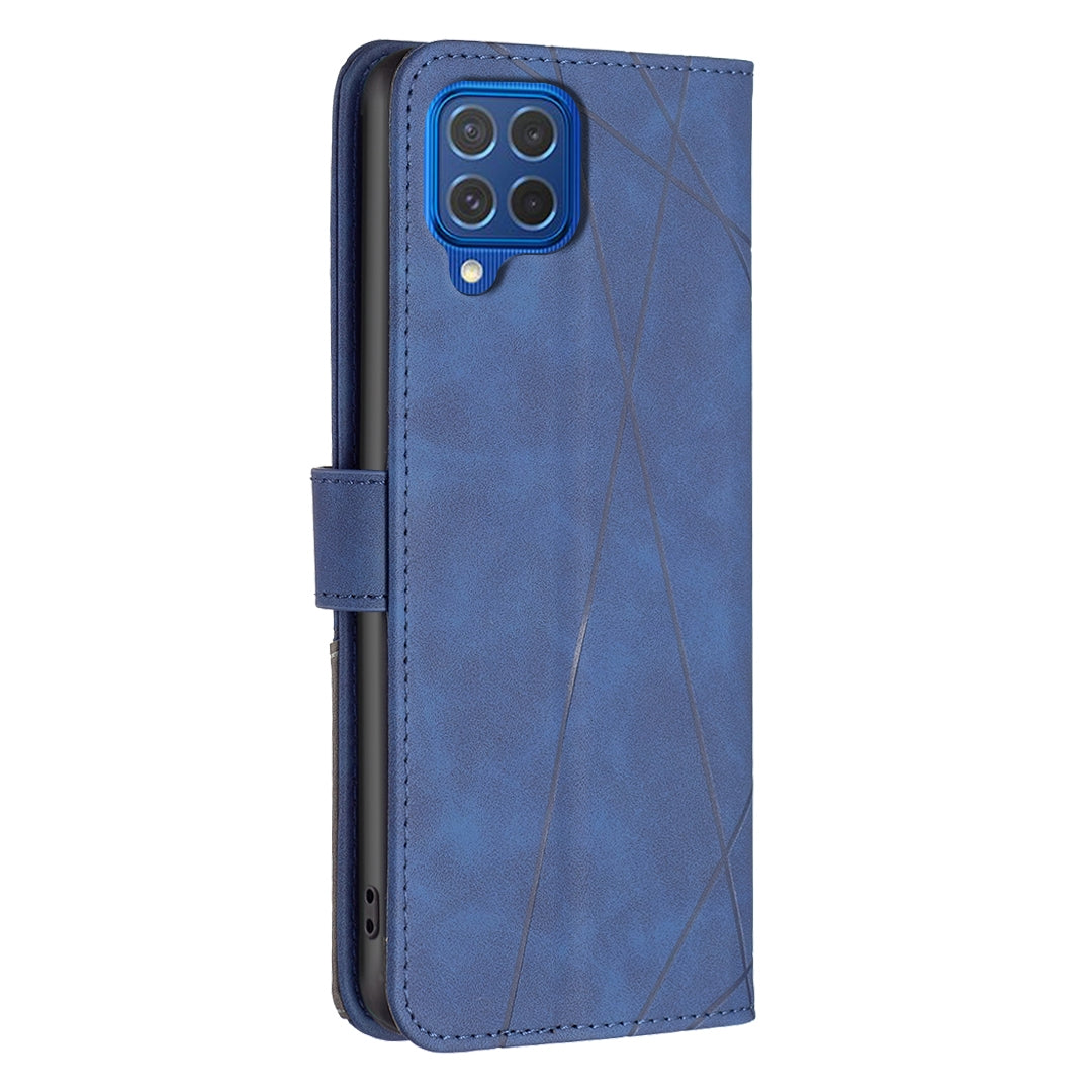 Samsung Galaxy F62 Wallet Case – Rhombus Texture PU Leather, Magnetic Buckle, Card Slots, Stand Function, Shockproof Protective Cover