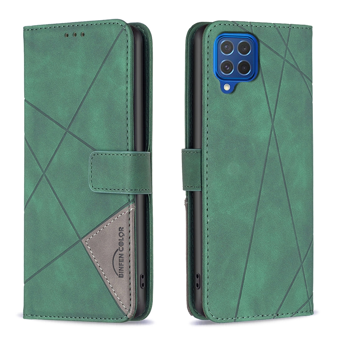 Samsung Galaxy M62 Wallet Case – Rhombus Texture PU Leather, Magnetic Buckle, Card Slots, Stand Function, Shockproof Protective Cover