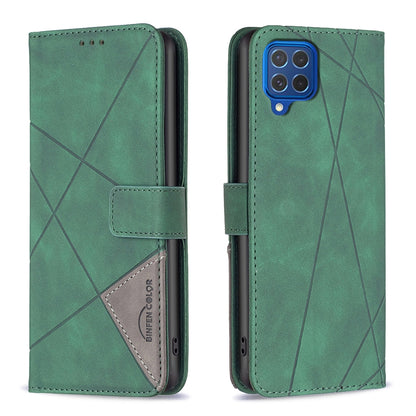 Samsung Galaxy M62 Wallet Case – Rhombus Texture PU Leather, Magnetic Buckle, Card Slots, Stand Function, Shockproof Protective Cover