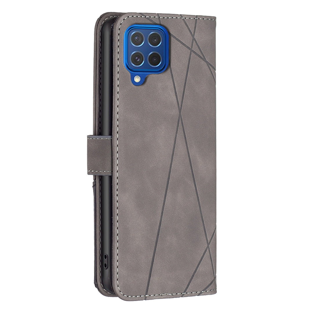 Samsung Galaxy F62 Wallet Case – Rhombus Texture PU Leather, Magnetic Buckle, Card Slots, Stand Function, Shockproof Protective Cover