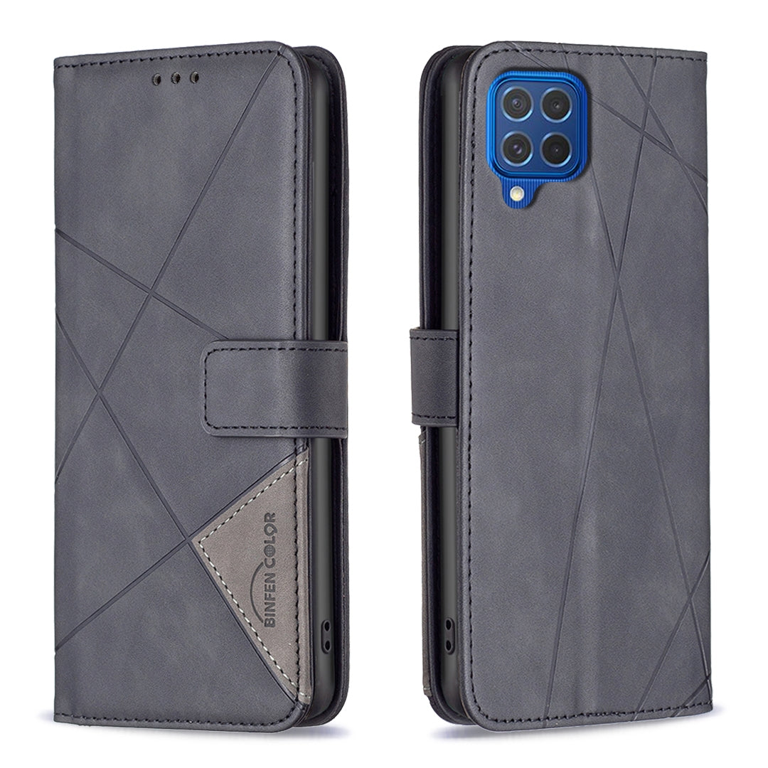 Samsung Galaxy F62 Wallet Case – Rhombus Texture PU Leather, Magnetic Buckle, Card Slots, Stand Function, Shockproof Protective Cover