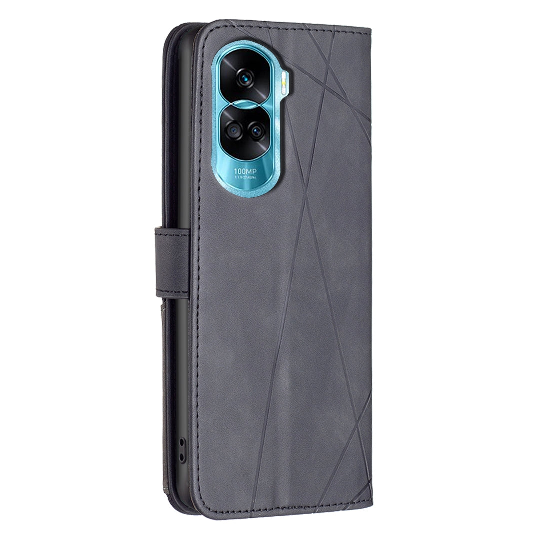 Honor 90 Lite Wallet Case – Rhombus Texture PU Leather, Magnetic Buckle, Card Slots, Stand Function, Shockproof Protective Cover
