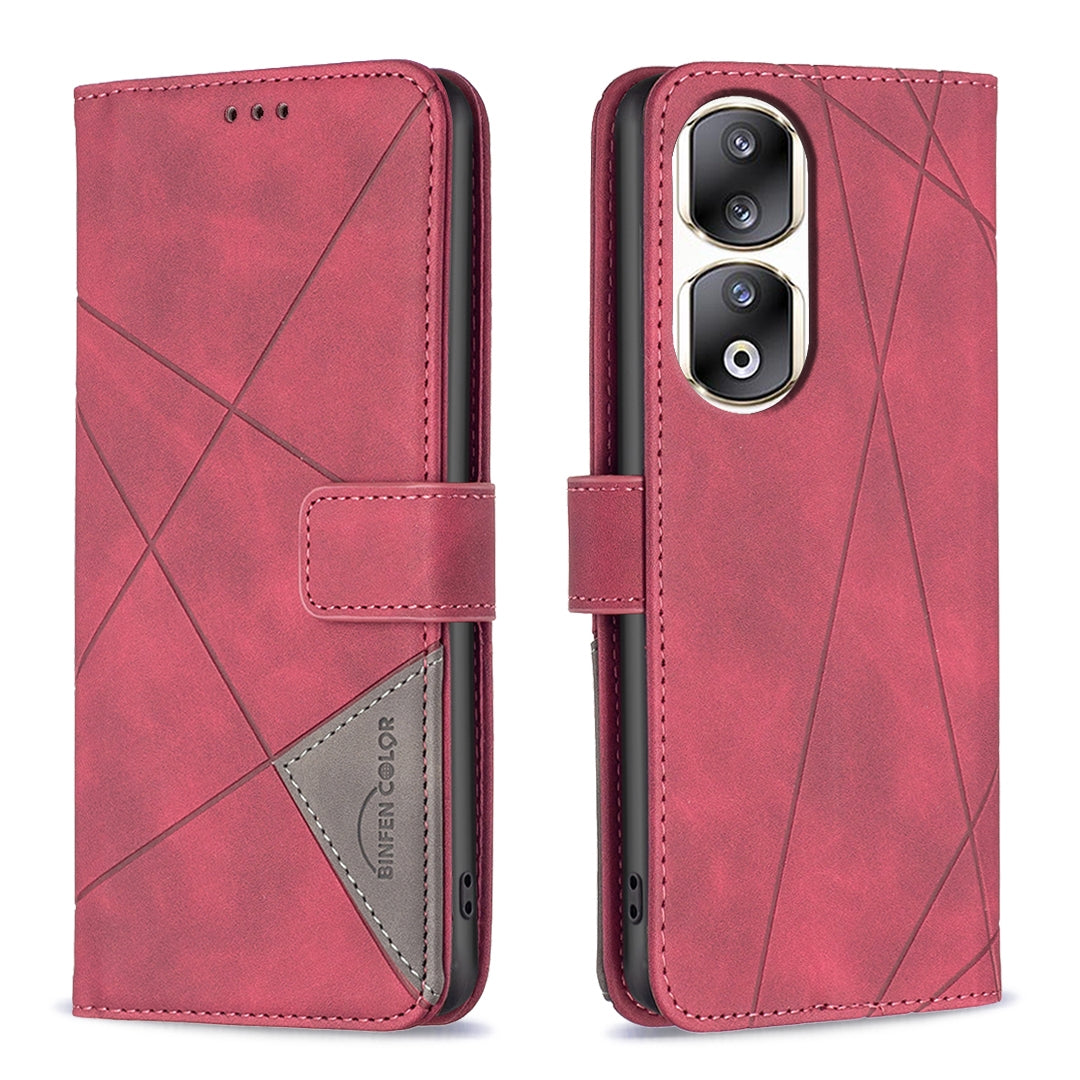Honor 90 Pro Wallet Case – Rhombus Texture PU Leather, Magnetic Buckle, Card Slots, Stand Function, Shockproof Protective Cover