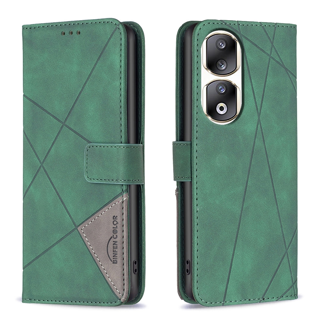 Honor 90 Pro Wallet Case – Rhombus Texture PU Leather, Magnetic Buckle, Card Slots, Stand Function, Shockproof Protective Cover