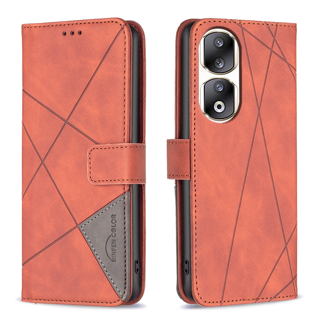 Honor 90 Pro Wallet Case – Rhombus Texture PU Leather, Magnetic Buckle, Card Slots, Stand Function, Shockproof Protective Cover
