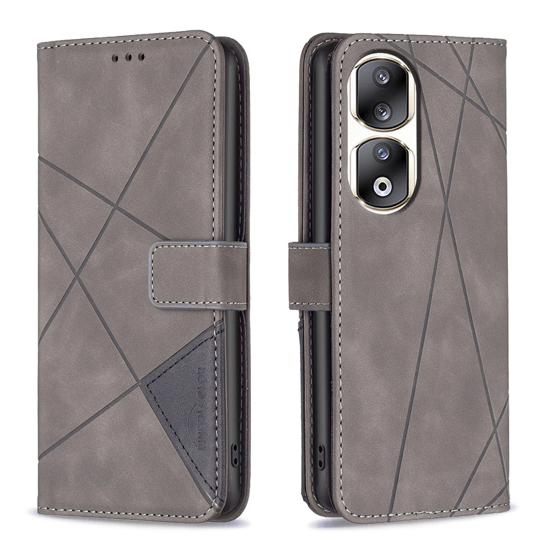 Honor 90 Pro Wallet Case – Rhombus Texture PU Leather, Magnetic Buckle, Card Slots, Stand Function, Shockproof Protective Cover