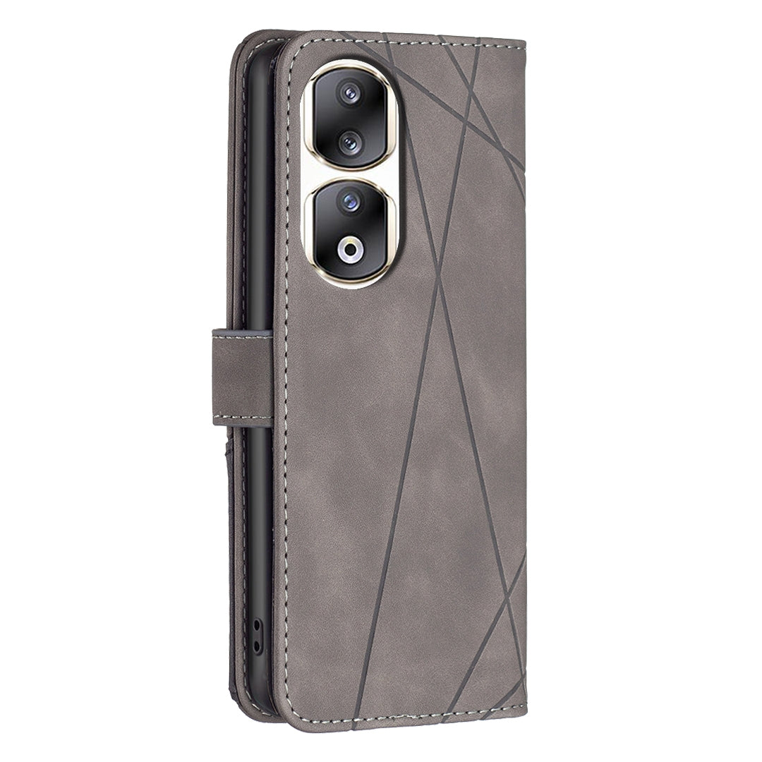 Honor 90 Pro Wallet Case – Rhombus Texture PU Leather, Magnetic Buckle, Card Slots, Stand Function, Shockproof Protective Cover