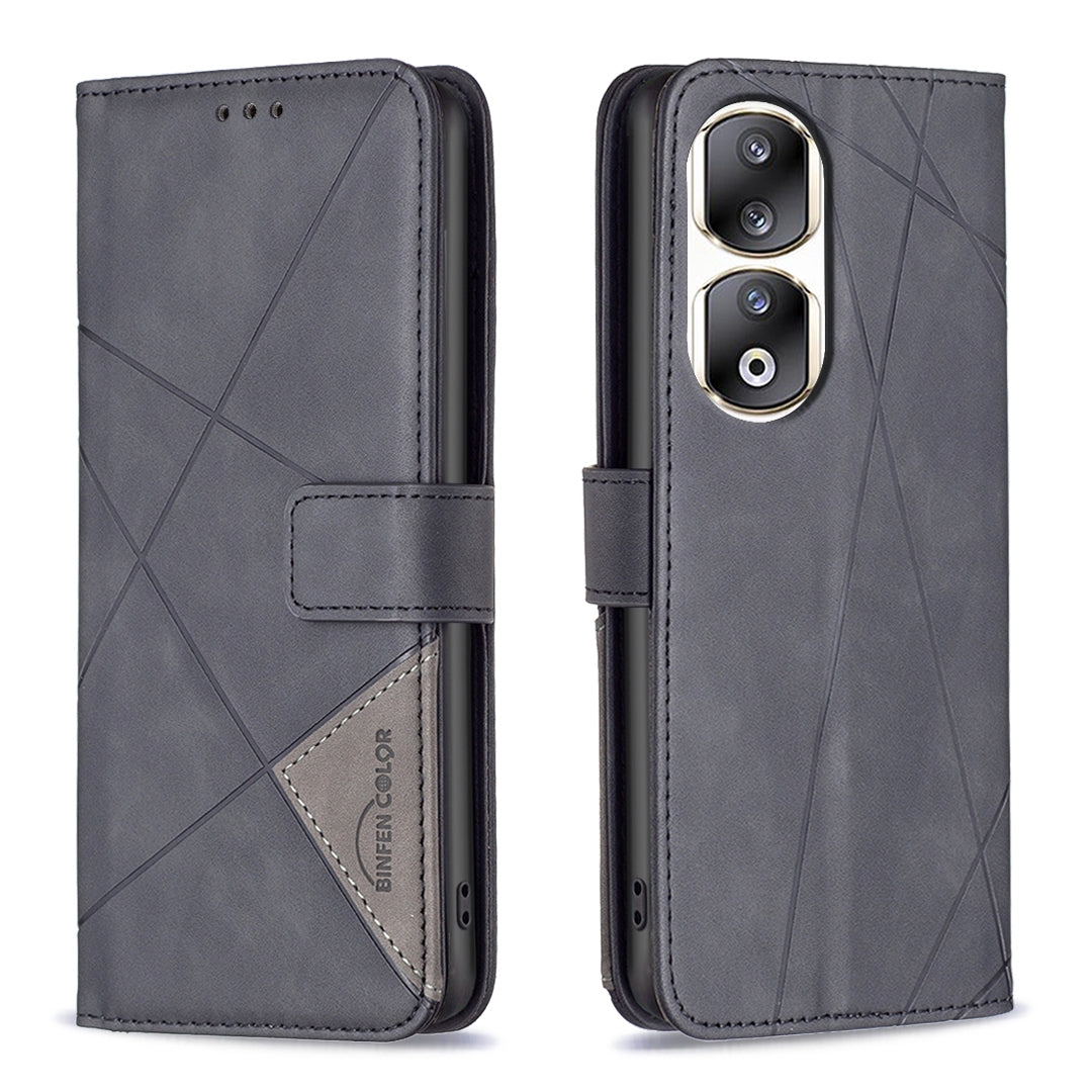 Honor 90 Pro Wallet Case – Rhombus Texture PU Leather, Magnetic Buckle, Card Slots, Stand Function, Shockproof Protective Cover