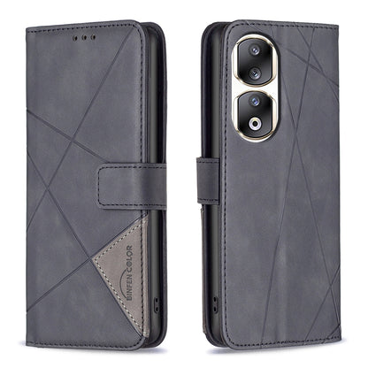 Honor 90 Pro Wallet Case – Rhombus Texture PU Leather, Magnetic Buckle, Card Slots, Stand Function, Shockproof Protective Cover