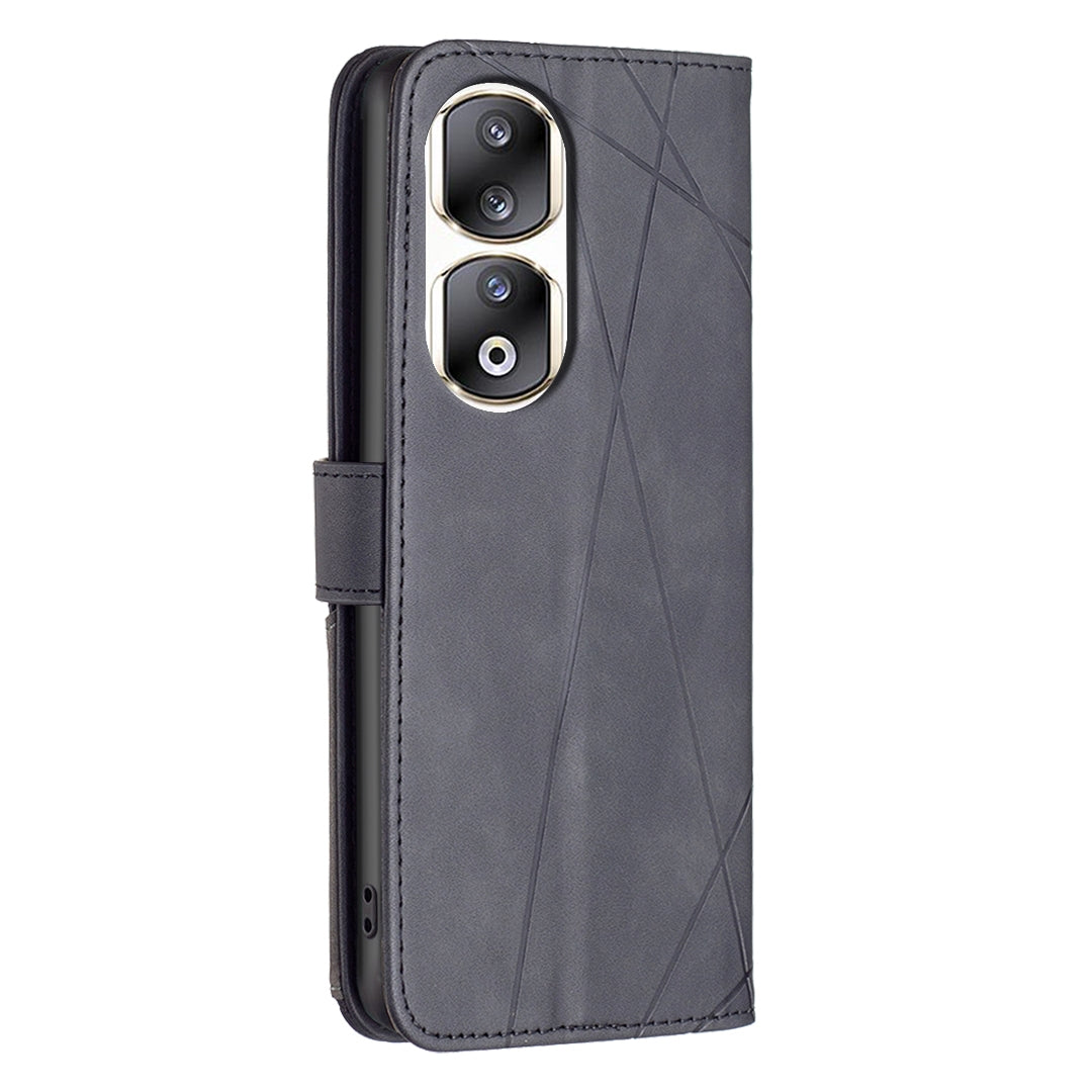 Honor 90 Pro Wallet Case – Rhombus Texture PU Leather, Magnetic Buckle, Card Slots, Stand Function, Shockproof Protective Cover