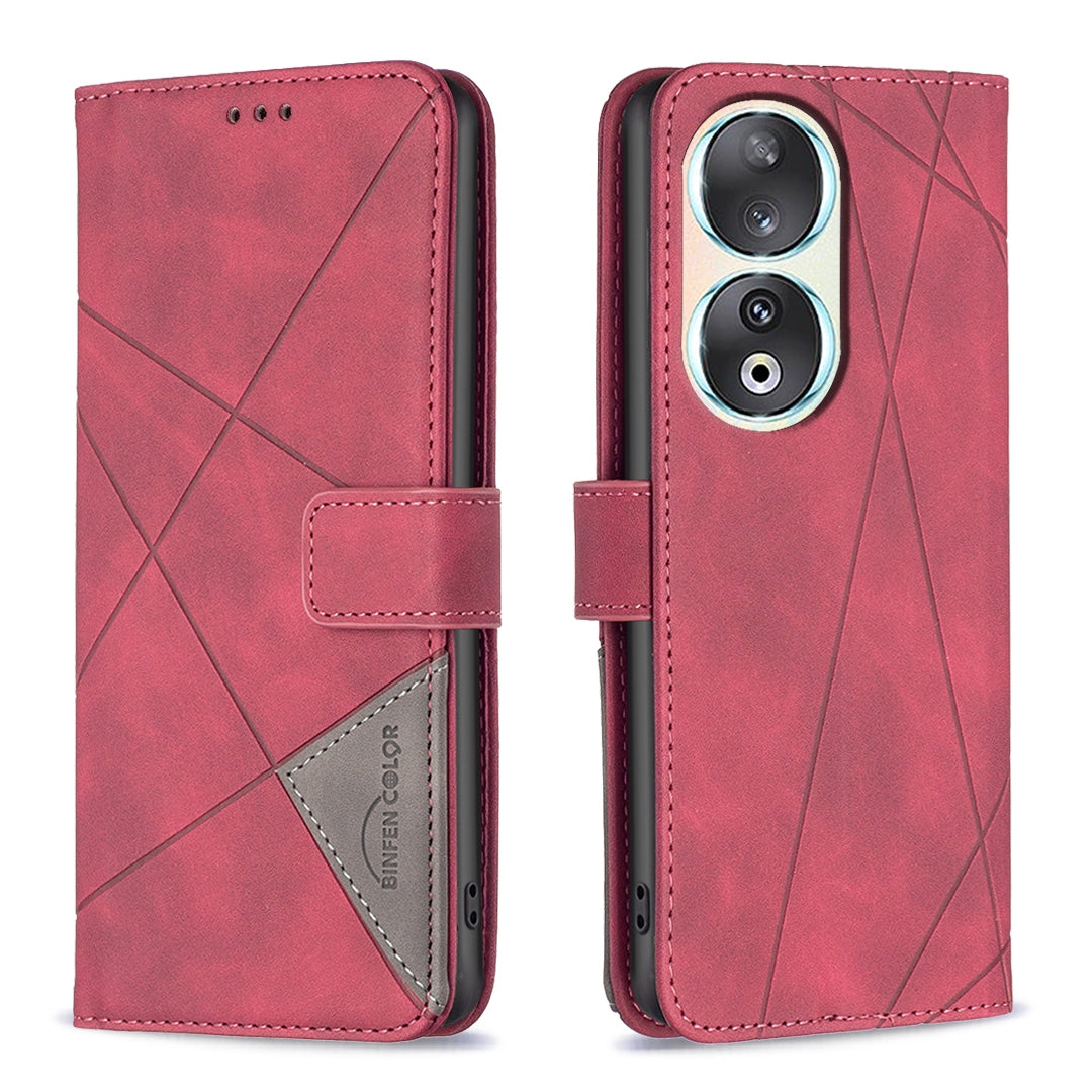 Honor 90 5G Wallet Case – Rhombus Texture PU Leather, Magnetic Buckle, Card Slots, Stand Function, Shockproof Protective Cover