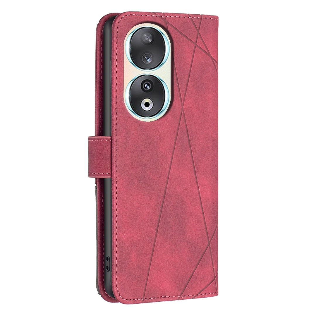Honor 90 5G Wallet Case – Rhombus Texture PU Leather, Magnetic Buckle, Card Slots, Stand Function, Shockproof Protective Cover