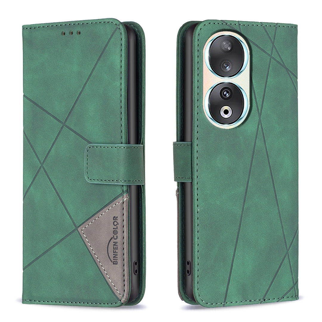 Honor 90 5G Wallet Case – Rhombus Texture PU Leather, Magnetic Buckle, Card Slots, Stand Function, Shockproof Protective Cover